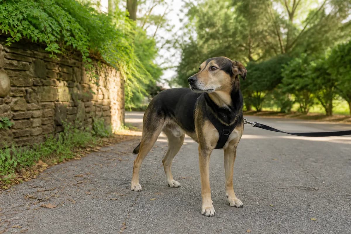 Cane adulto adottato con pettorina durante una passeggiata tranquilla