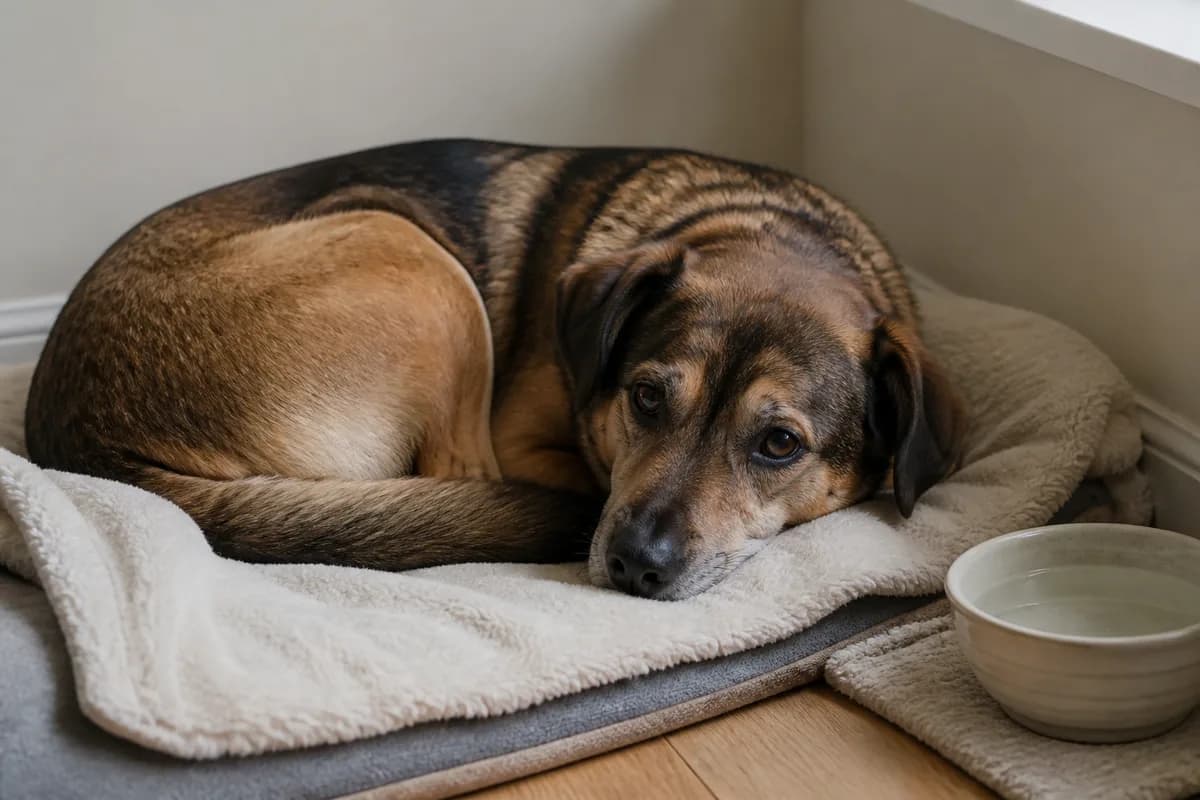 Cane adulto adottato che riposa nel suo spazio dedicato