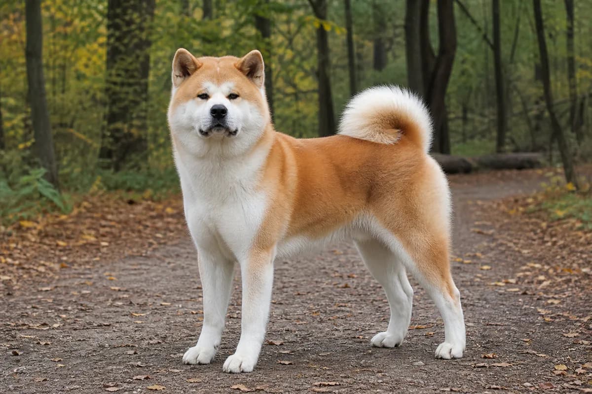 Akita Inu adulto su un ampio sentiero nel bosco