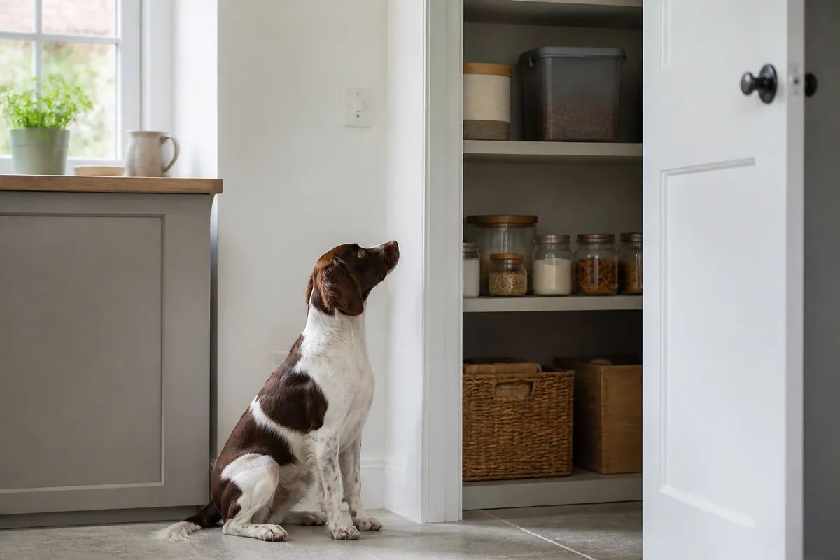 Cane davanti a una dispensa chiusa dove gli alimenti sono conservati fuori portata