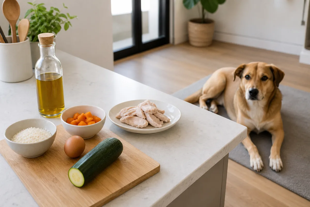 Ingredienti semplici disposti in cucina accanto al cane, da valutare con un professionista