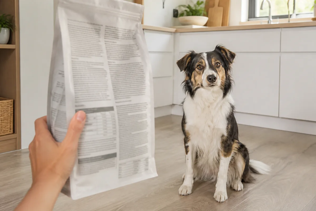 Confezione senza marchio osservata con attenzione prima di scegliere l'alimento del cane