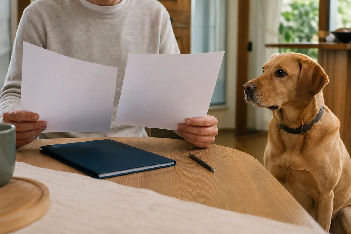 Proprietario che legge i documenti di una polizza accanto al cane