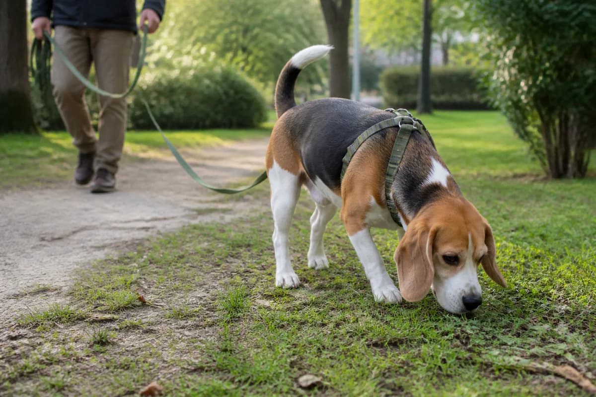 Beagle che segue una traccia al guinzaglio lungo in un parco