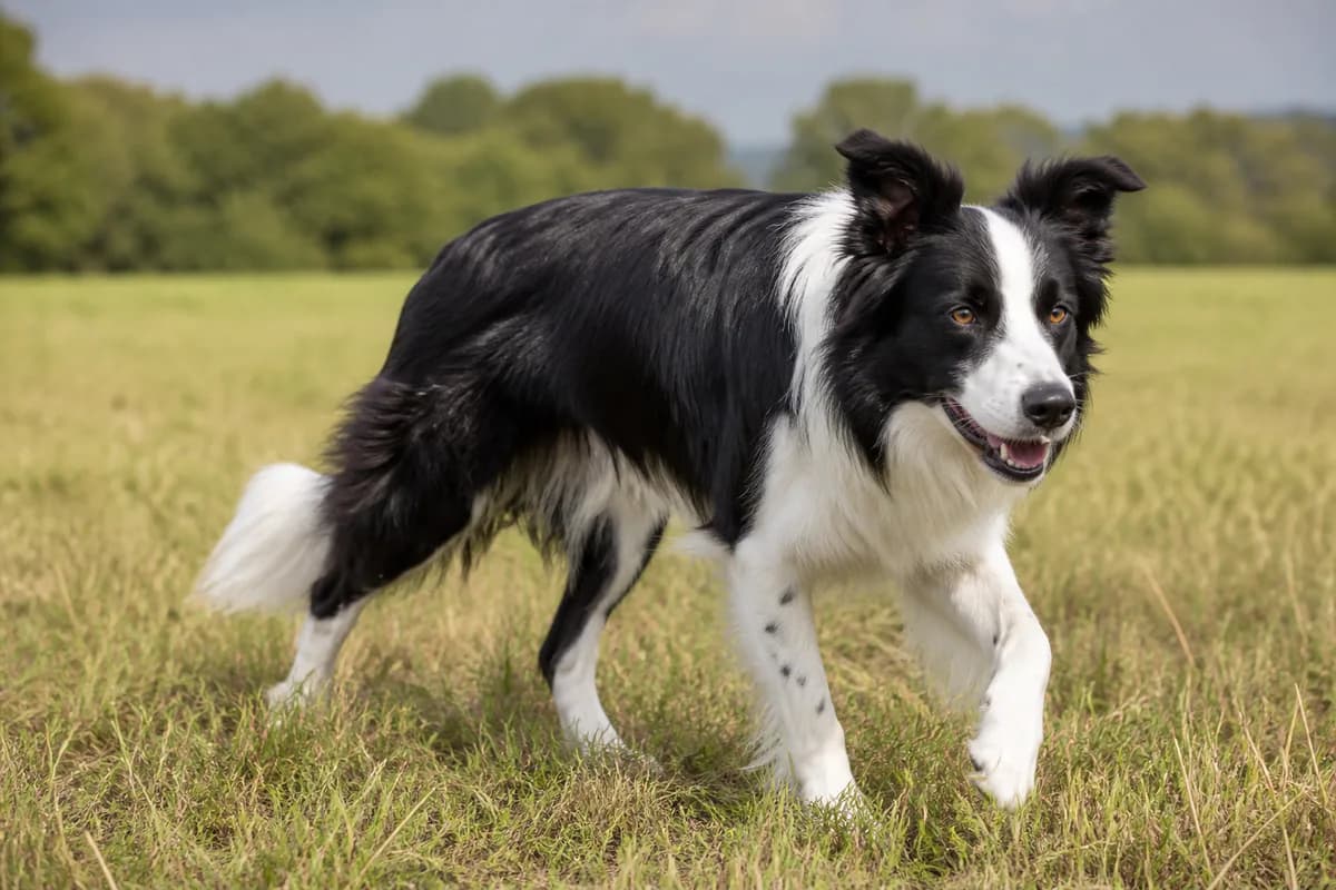 Border Collie adulto in movimento in un prato aperto