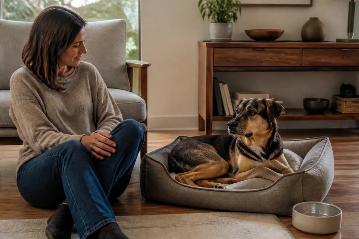 Cane adulto che riposa nella nuova casa accanto alla proprietaria