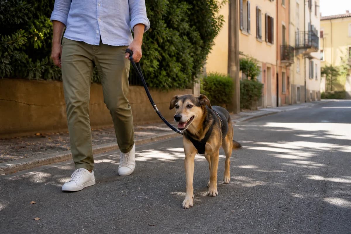 Cane al guinzaglio durante una passeggiata in un quartiere italiano
