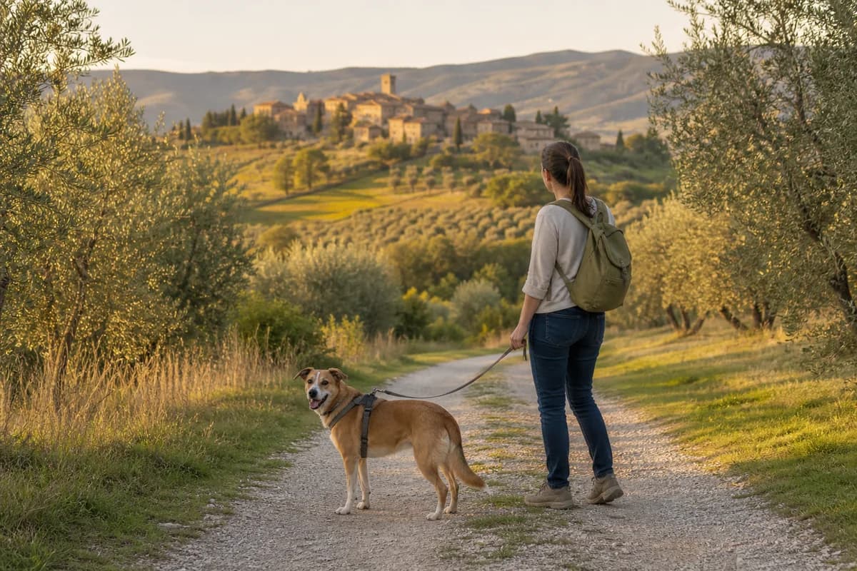 Proprietaria con il cane su un sentiero nella campagna italiana
