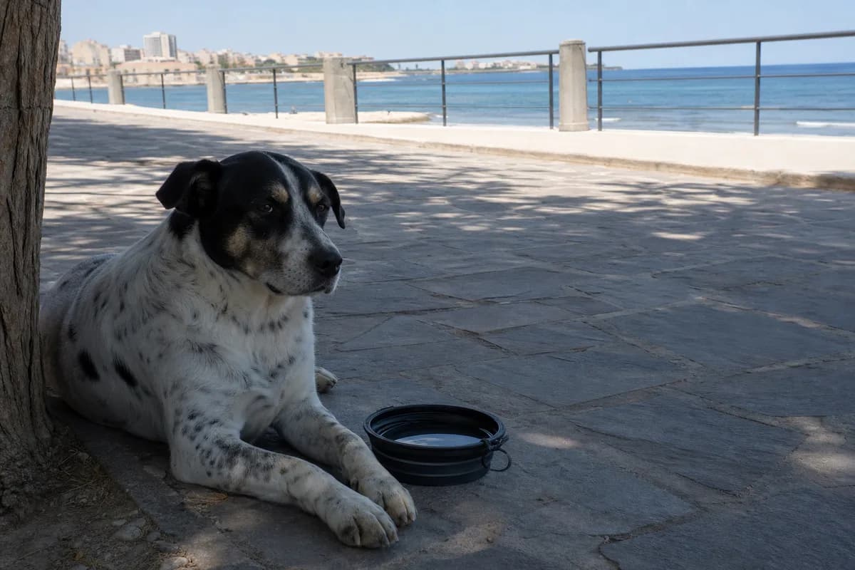 Cane che riposa all'ombra con acqua su un lungomare urbano