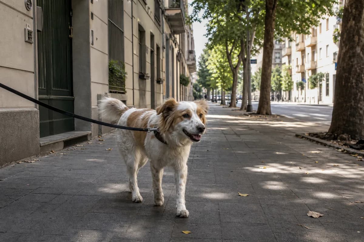 Cane al guinzaglio su un ampio marciapiede urbano ombreggiato