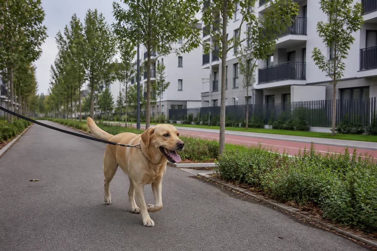 Cane al guinzaglio in un quartiere urbano moderno con alberi e pista ciclabile