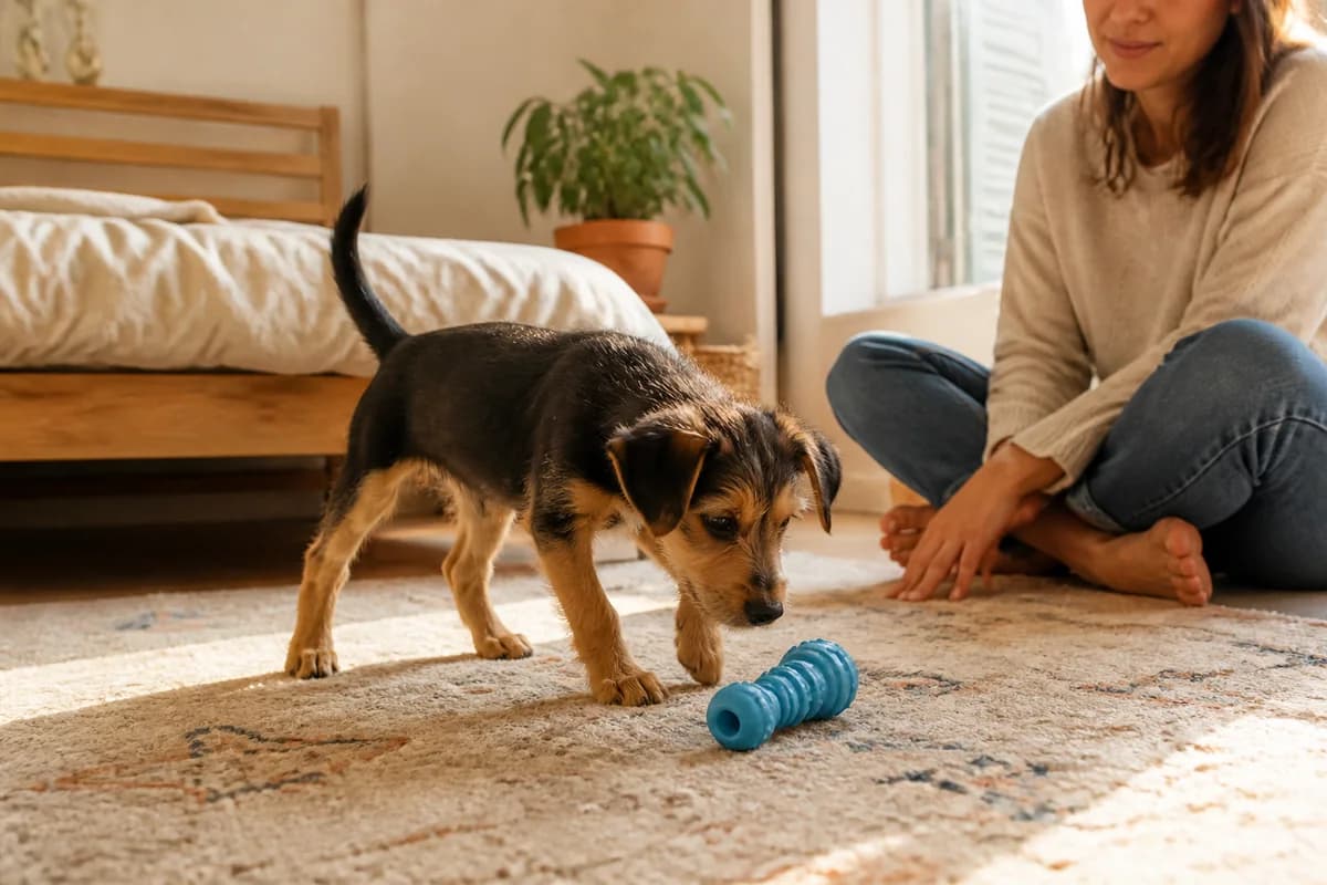 Cucciolo che esplora un gioco da mordere adatto in casa