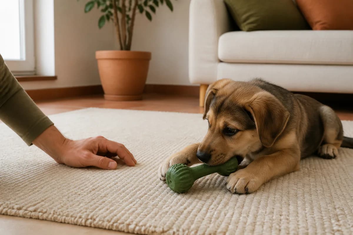 Cucciolo che mastica un gioco sicuro durante un momento calmo in casa