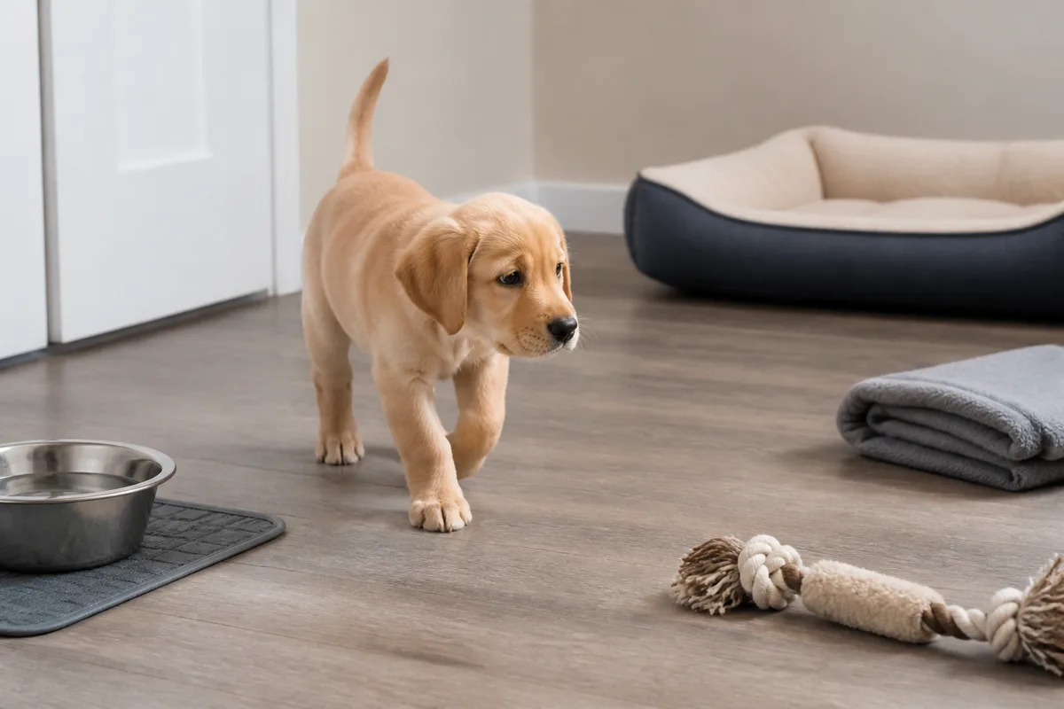 Cucciolo in uno spazio preparato con acqua, cuccia e giochi sicuri