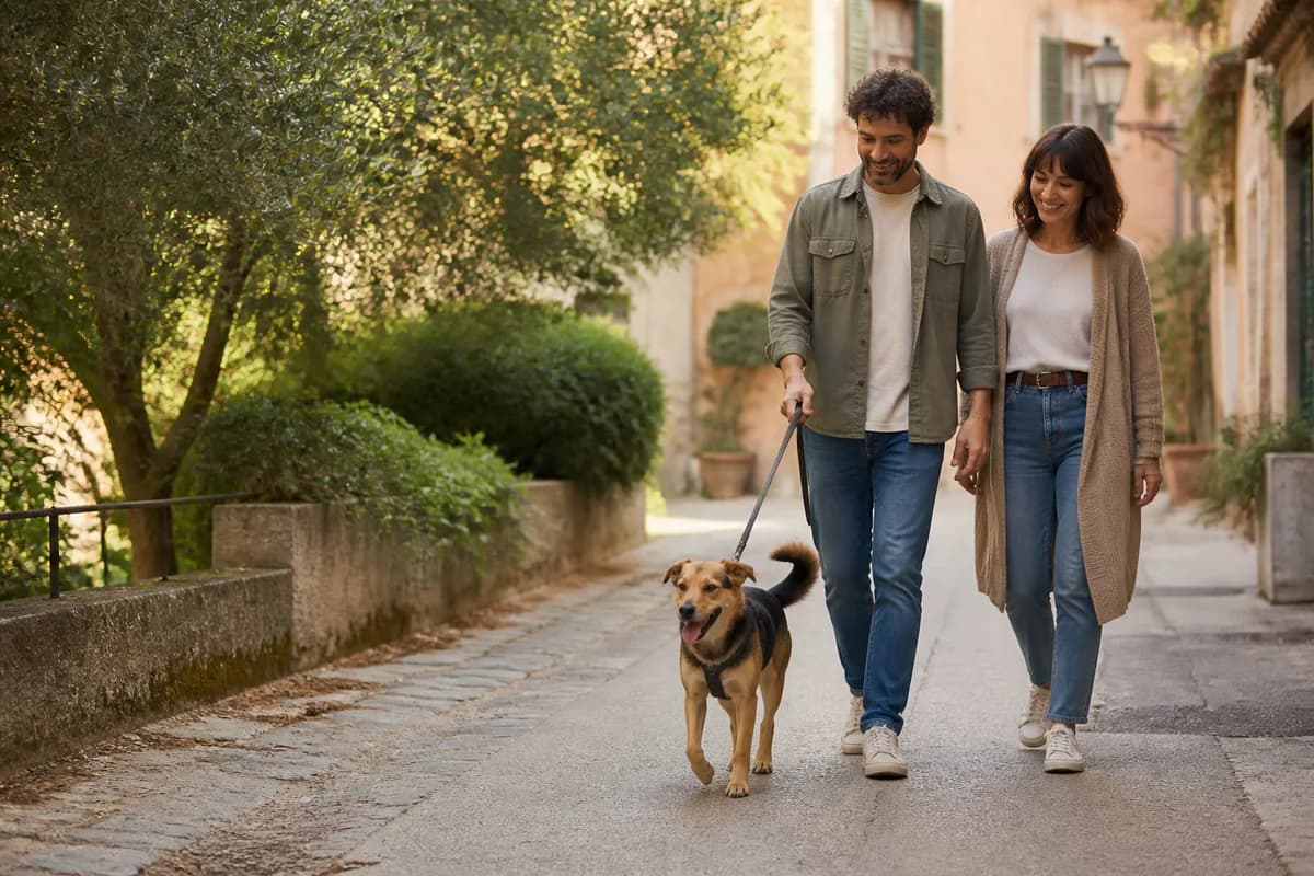 Famiglia che passeggia con il cane in una tranquilla strada italiana