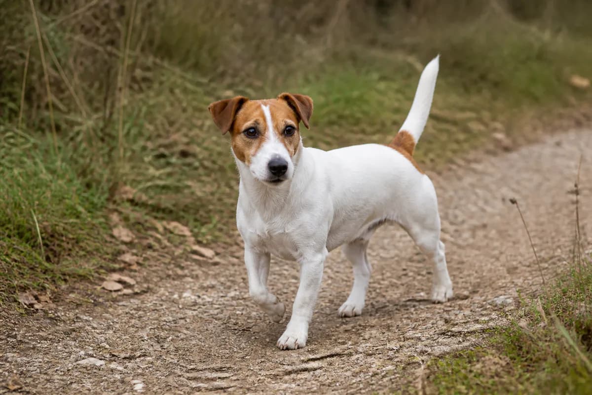 Jack Russell Terrier adulto che esplora un sentiero di campagna
