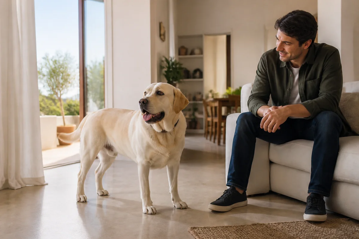 Labrador adulto accanto al proprietario in una casa luminosa