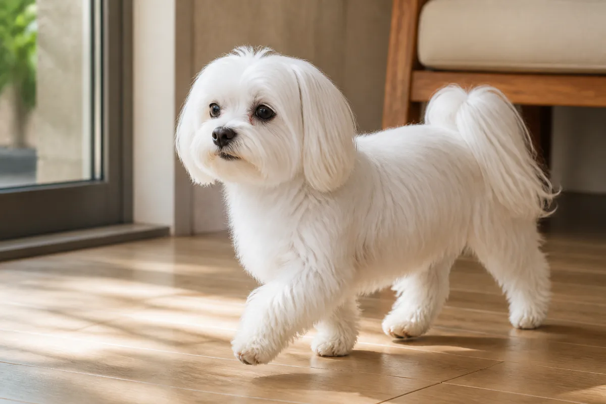 Maltese adulto che cammina in una casa luminosa