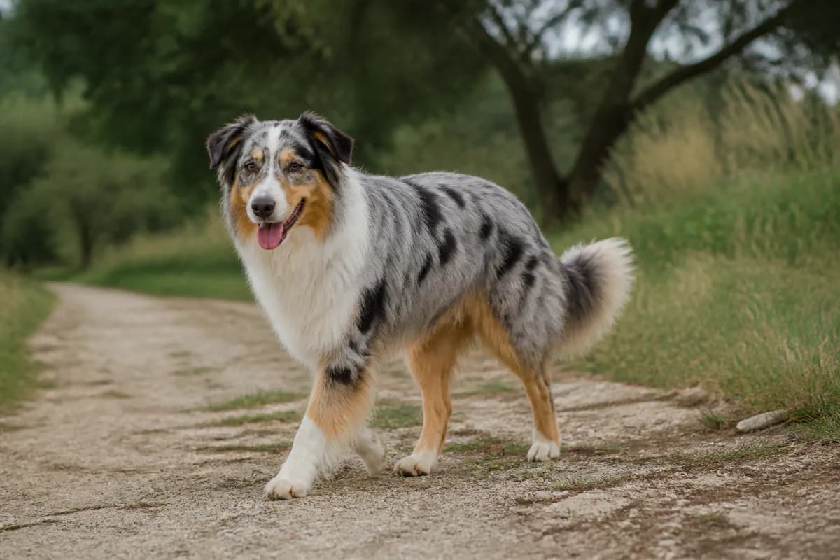Pastore Australiano adulto blue merle su un sentiero di campagna