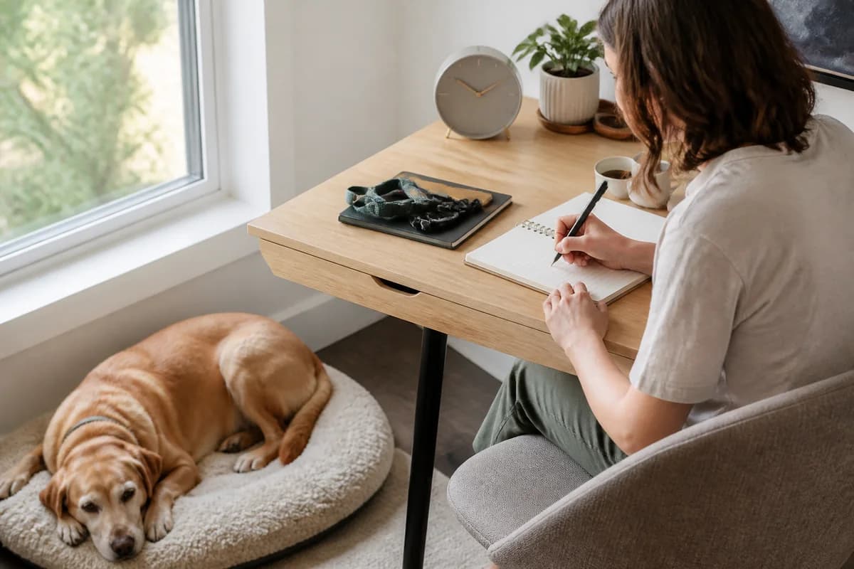 Proprietaria che pianifica la routine quotidiana con il cane accanto