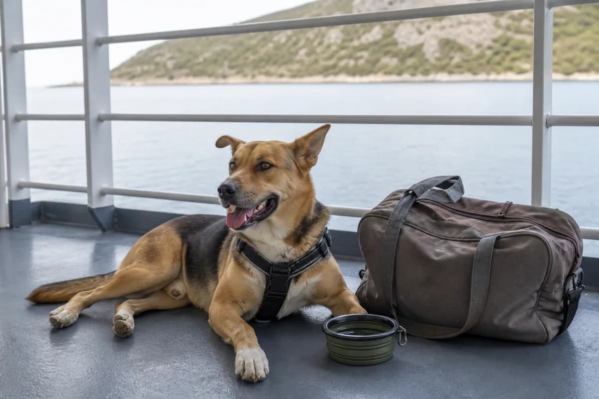 Cane con pettorina, borsa e ciotola portatile durante un viaggio verso le isole
