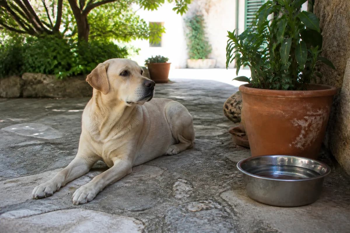 Cane che riposa su un patio ombreggiato accanto all'acqua