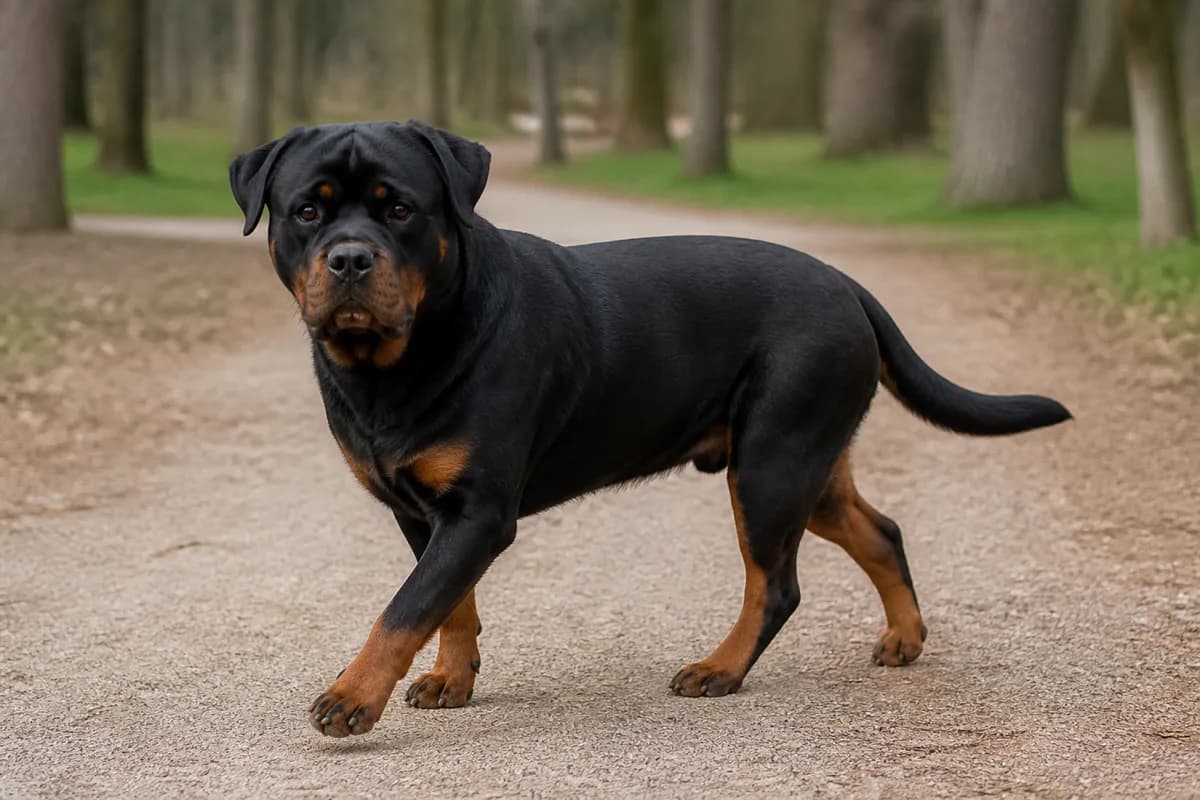 Rottweiler adulto durante una passeggiata tranquilla nel parco