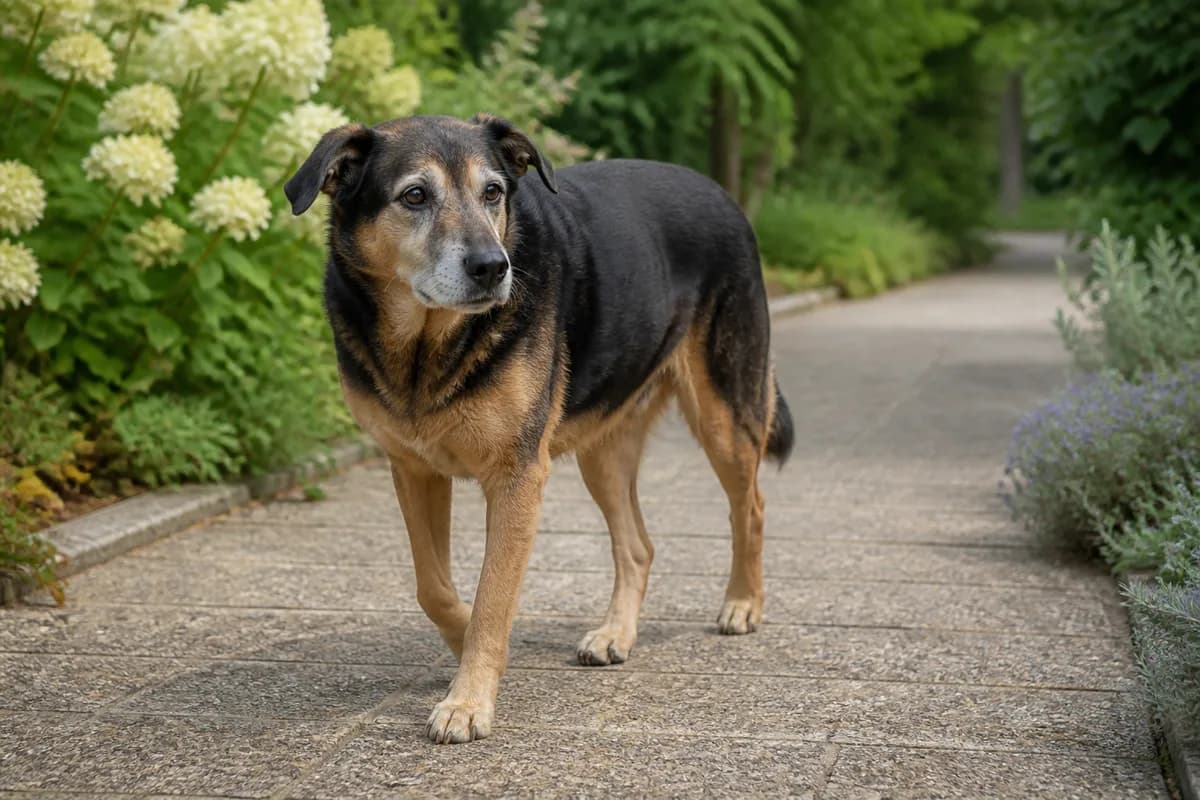 Cane anziano durante una passeggiata tranquilla adatta alla sua mobilità