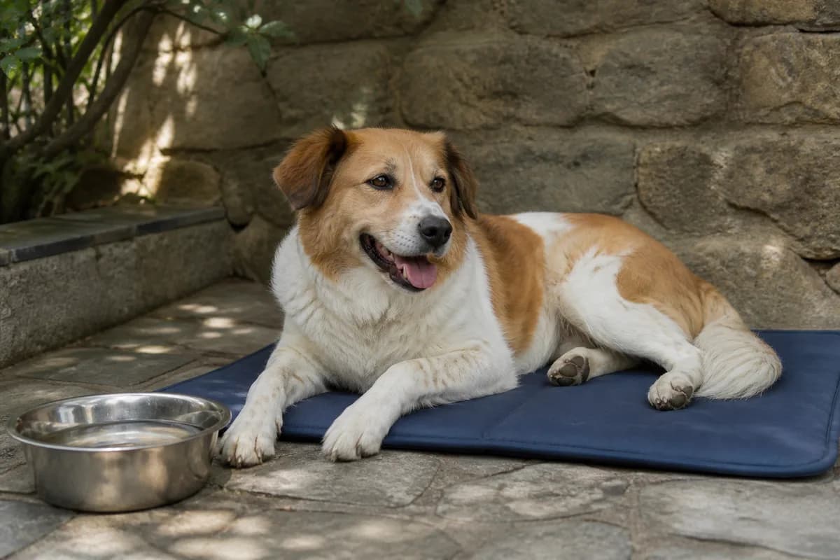 Cane che riposa all'ombra vicino a una ciotola d'acqua