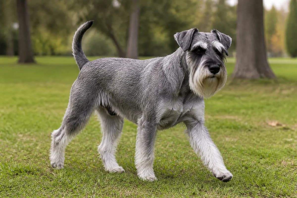Schnauzer medio adulto sale e pepe durante una passeggiata nel parco