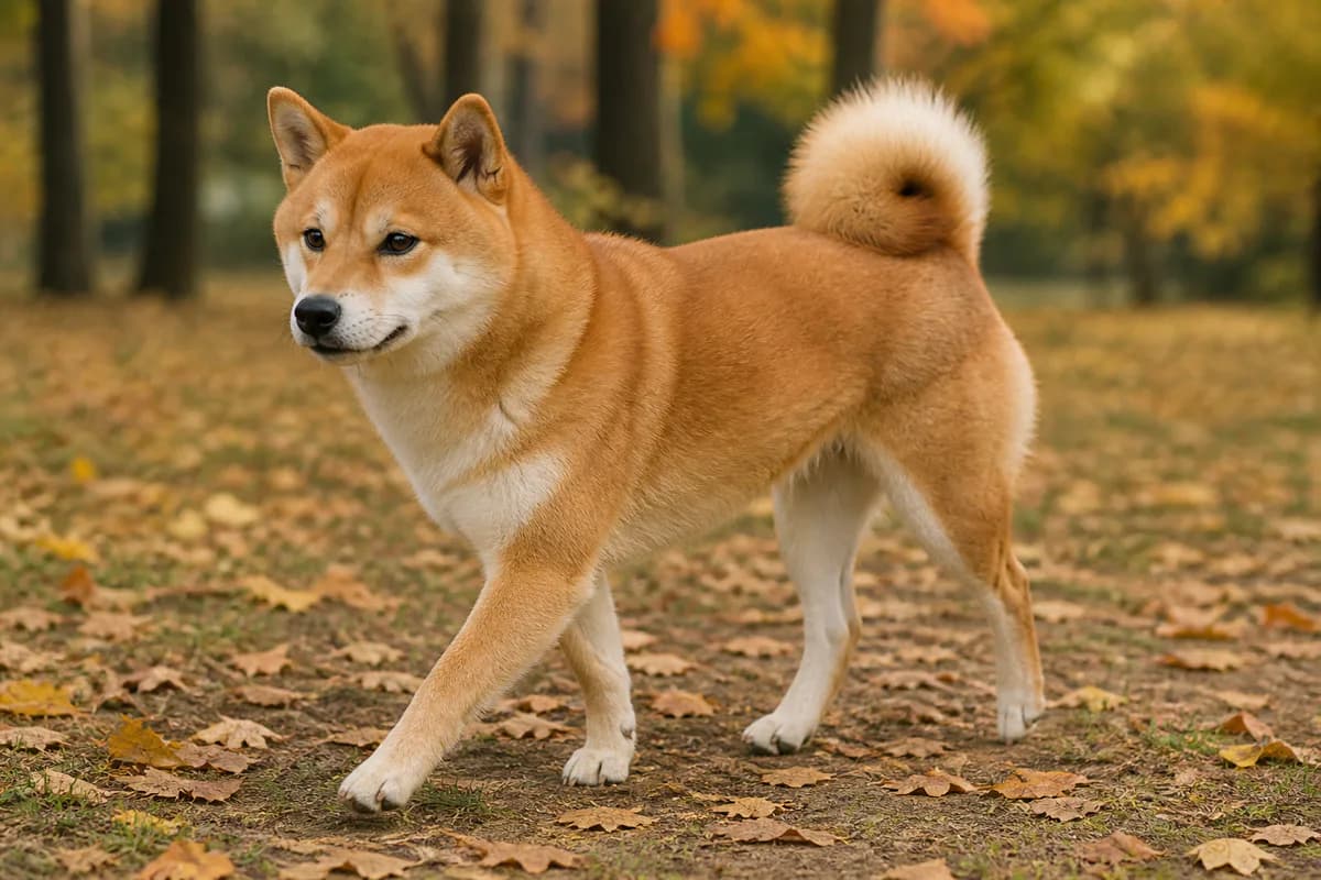 Shiba Inu adulto durante una passeggiata in un parco autunnale