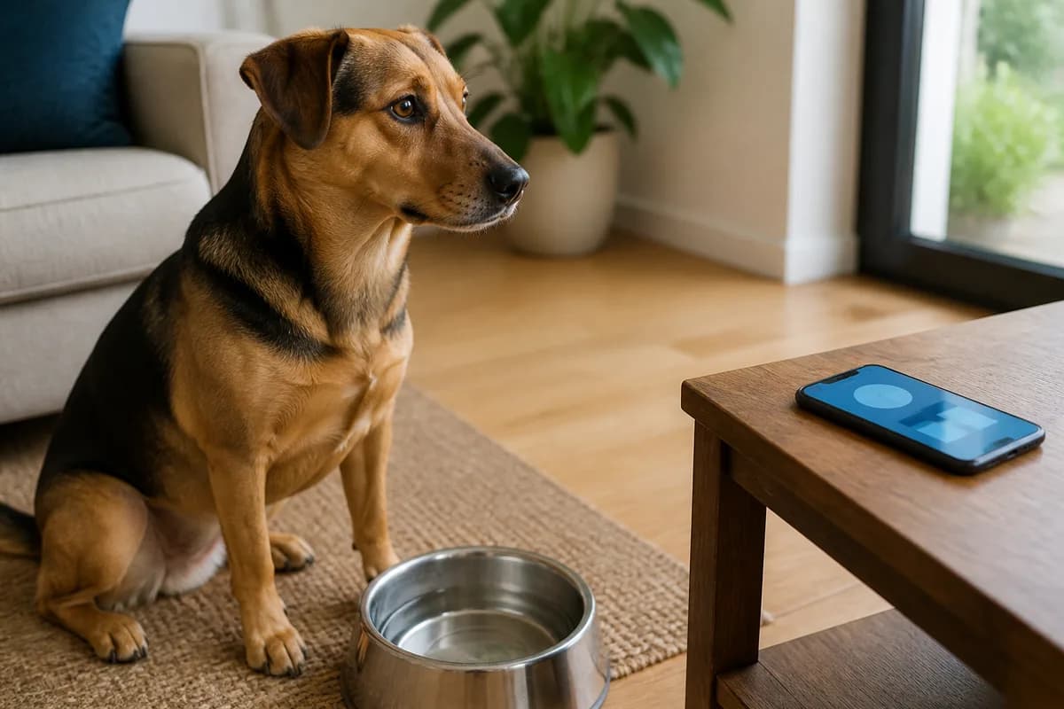 Cane accanto a una ciotola piena d'acqua e a uno strumento digitale