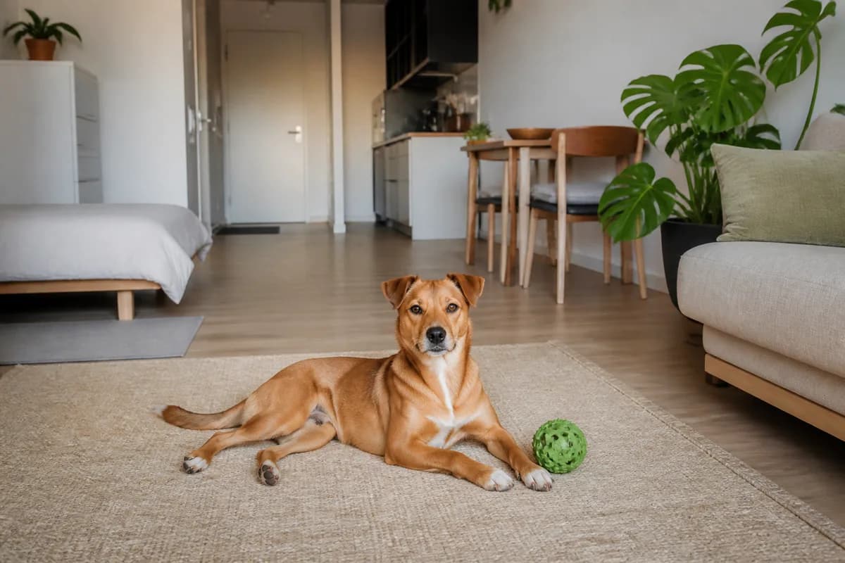 Cane rilassato in casa con cuccia e gioco per organizzare una routine sostenibile