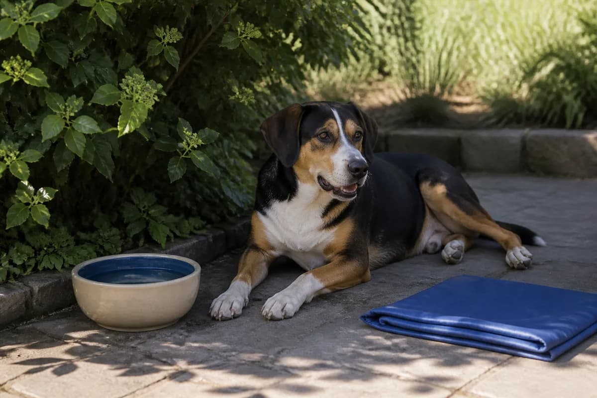 Cane che riposa all'ombra accanto ad acqua e tappetino rinfrescante