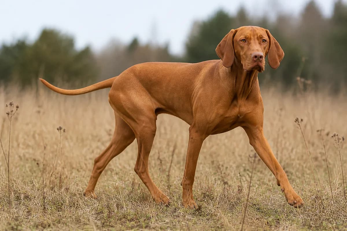 Vizsla adulto in movimento in un prato asciutto
