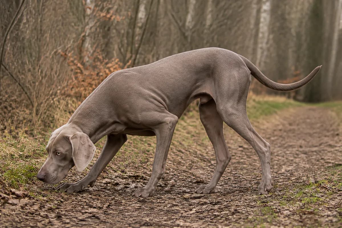 Weimaraner adulto che segue una traccia su un sentiero nel bosco