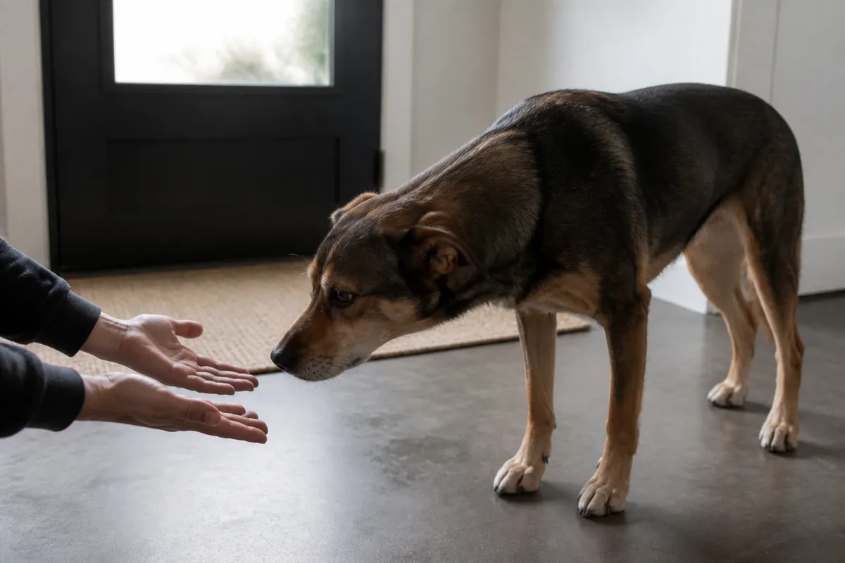 Cane adulto che si avvicina con calma a mani offerte a distanza rispettosa