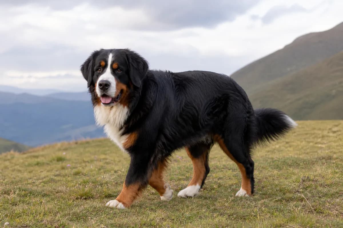 Bovaro del Bernese adulto durante una passeggiata in un prato di montagna