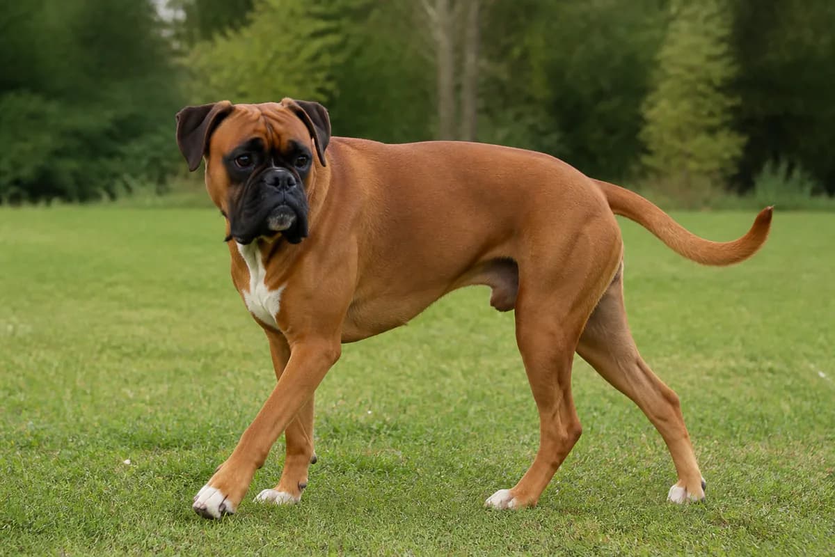 Boxer adulto fulvo in movimento in un parco