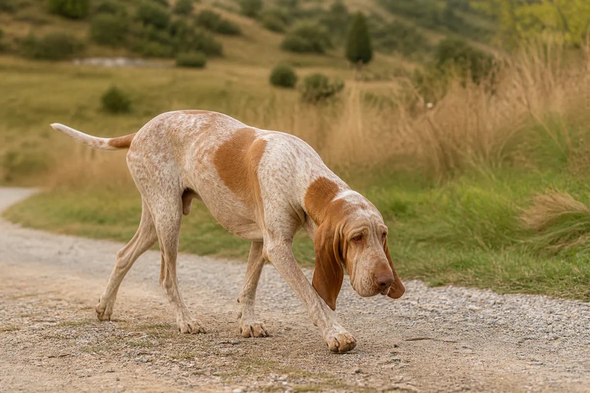 Bracco Italiano adulto che segue una traccia su un sentiero di campagna