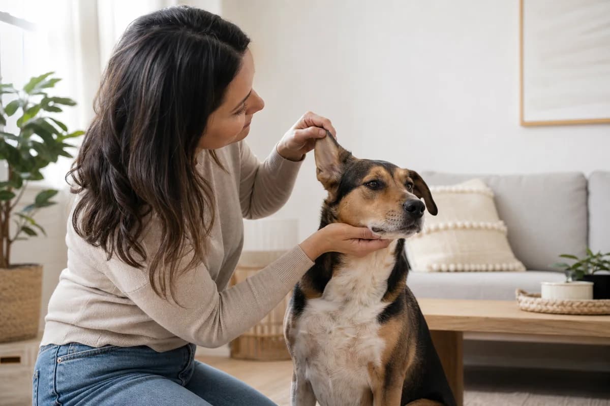 Proprietaria che controlla con delicatezza l'orecchio del cane