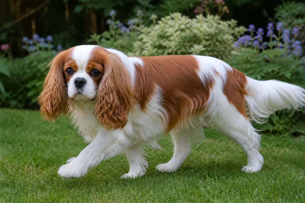 Cavalier King Charles Spaniel adulto Blenheim in giardino