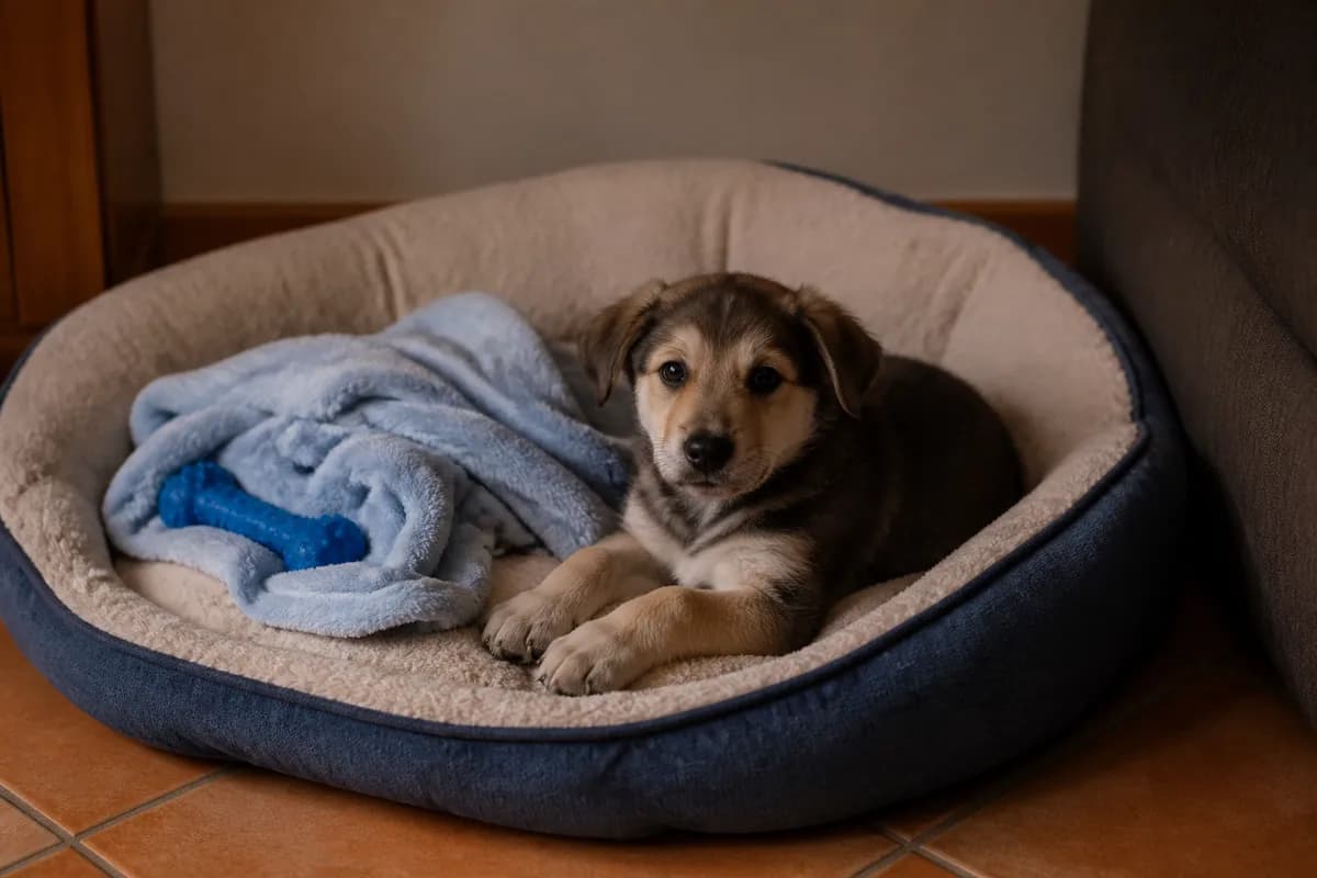 Cucciolo nella sua cuccia con coperta e gioco durante la prima sera a casa