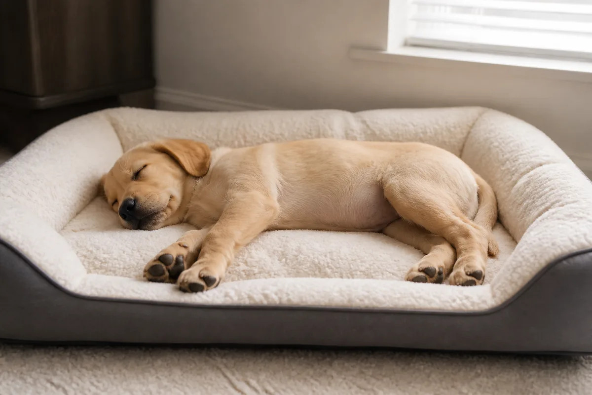 Cucciolo che dorme disteso nella sua cuccia durante il giorno