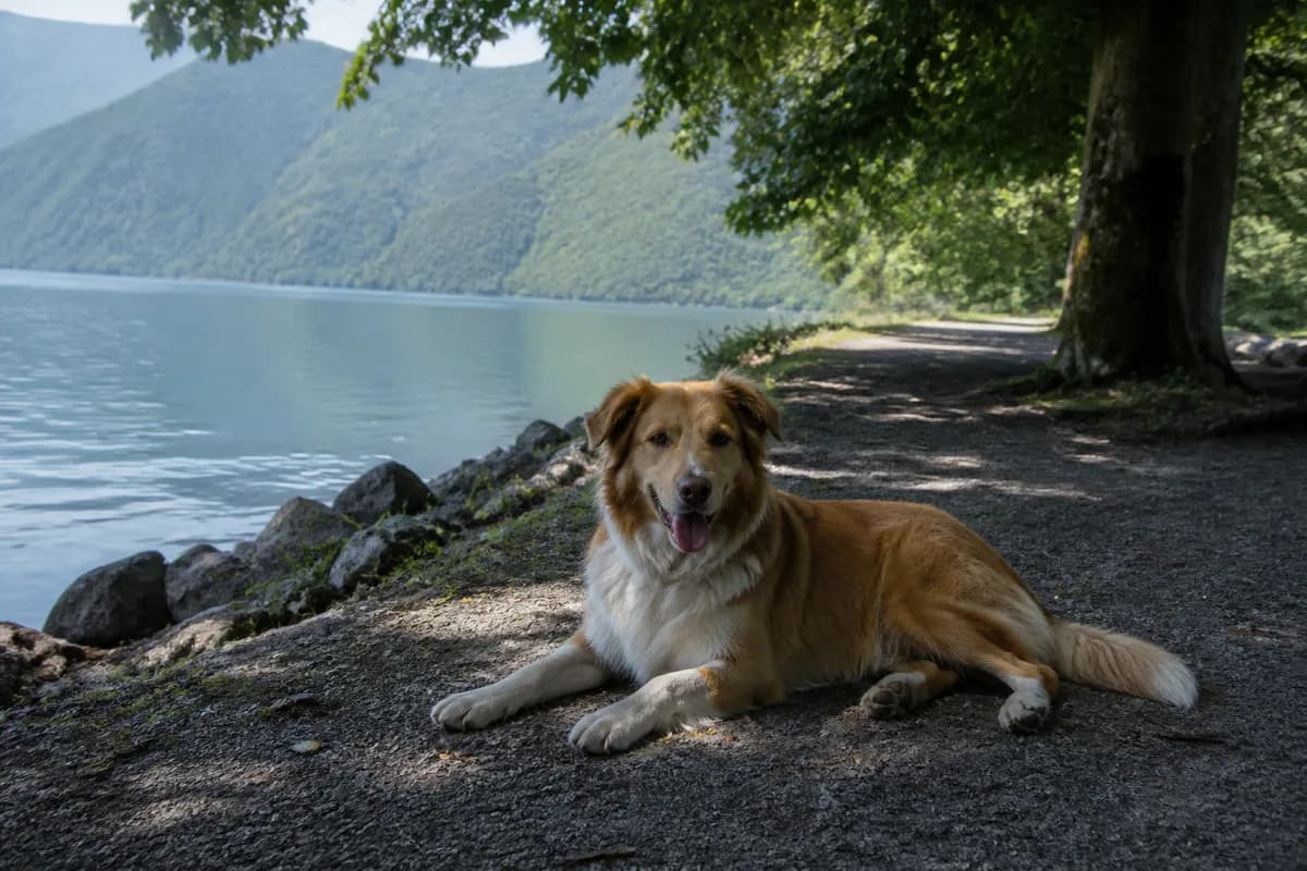 Cane che riposa all'ombra lungo un tranquillo percorso vicino a un lago