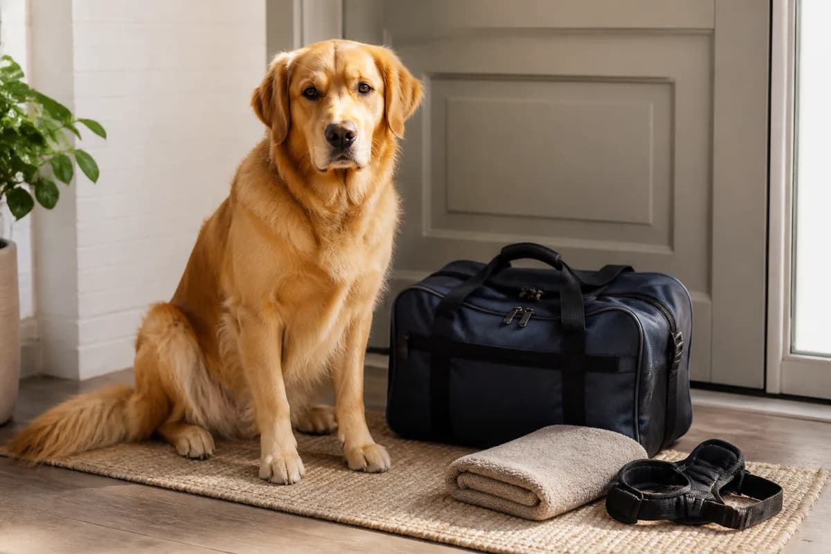 Cane accanto a trasportino, coperta e numeri utili preparati per un'emergenza