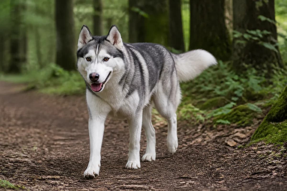 Siberian Husky adulto durante una passeggiata in un bosco ombreggiato