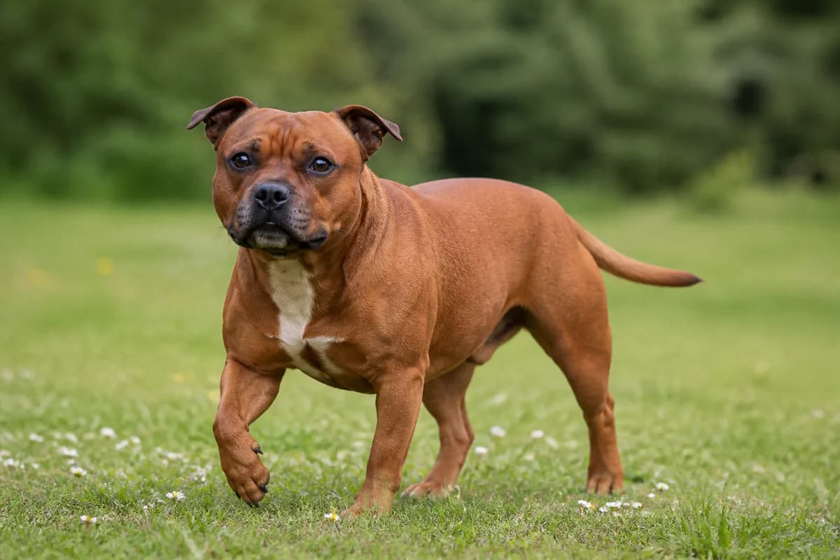 Staffordshire Bull Terrier adulto durante una passeggiata nel verde